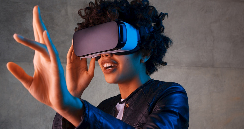 a woman in a virtual reality headset
