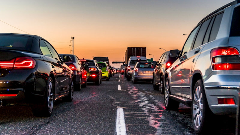 cars sit in traffic in Los Angeles