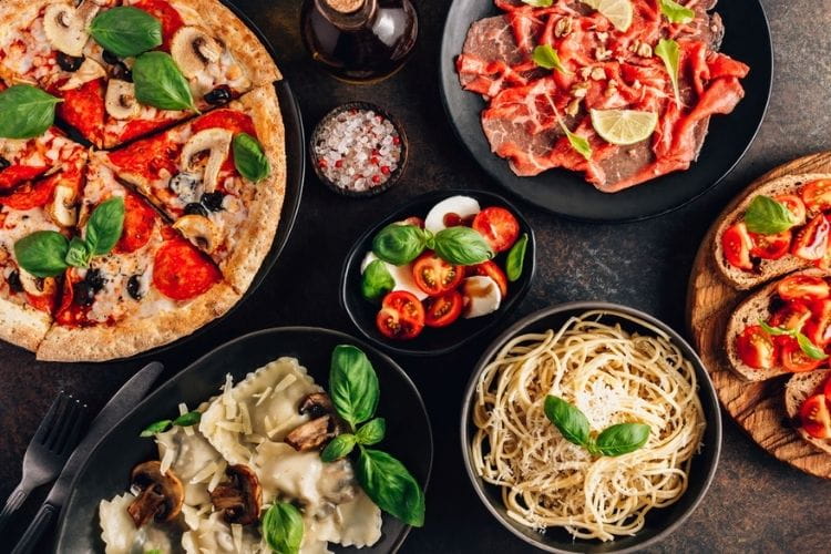 array of italian food, pizza and pasta