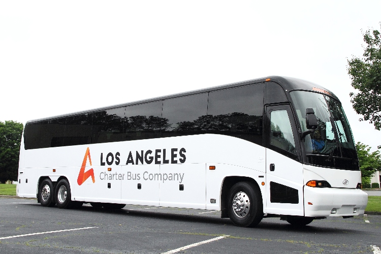 A charter bus rental with "Los Angeles Charter Bus Company" written on it