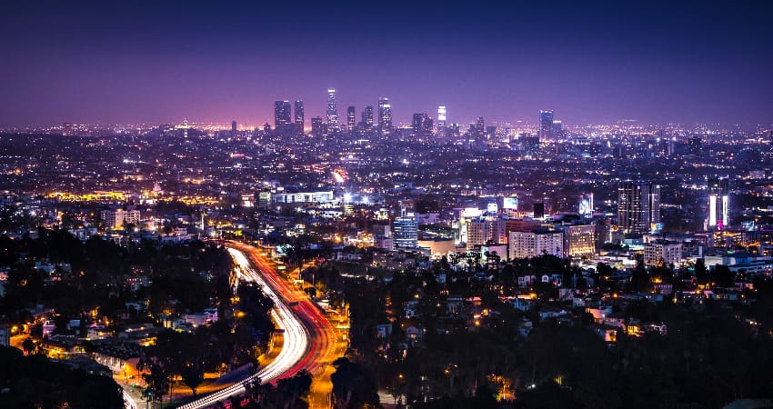 The Los Angeles skyline at night, viewed from a tall hill