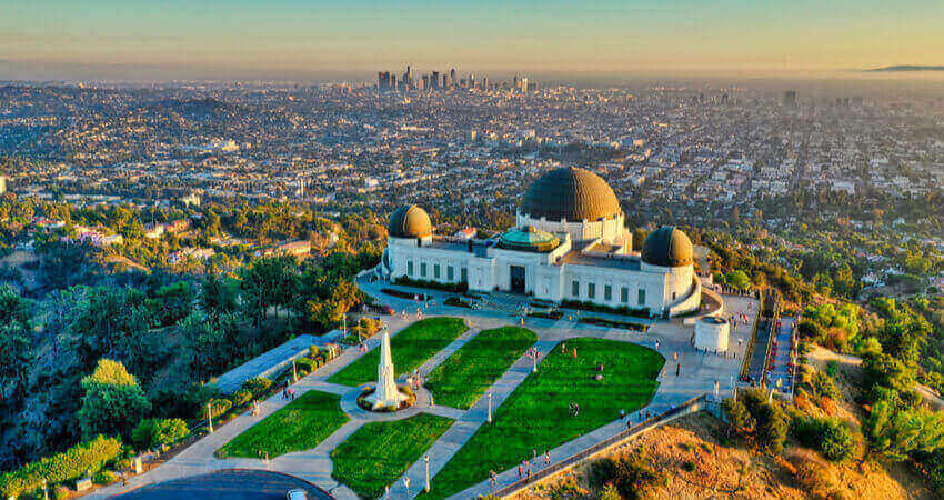 An aerial view of the Griffith Observatory in Griffith Park