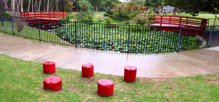 small red cylinders that function as stools sit near a walking path in a park