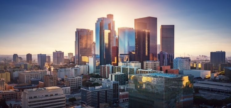 downtown los angeles skyline at sunset