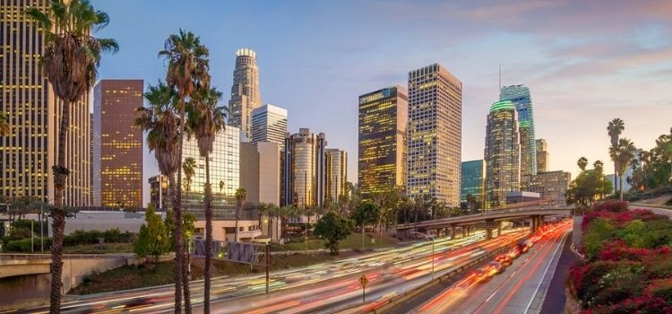 los angeles skyline and highway