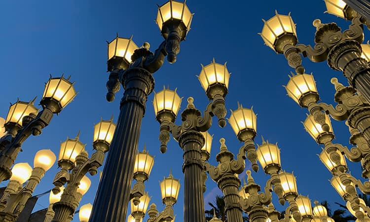 The Urban Light art exhibit as dusk