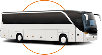 a plain white charter bus with an orange circle graphic behind it